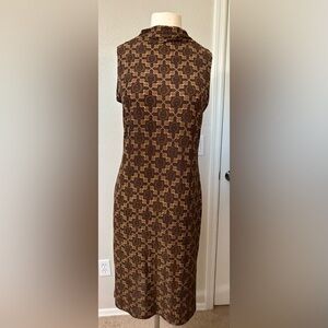 Vintage JKLA Elegant Metallic Brown and Bronze Midi Dress with Geometric Pattern